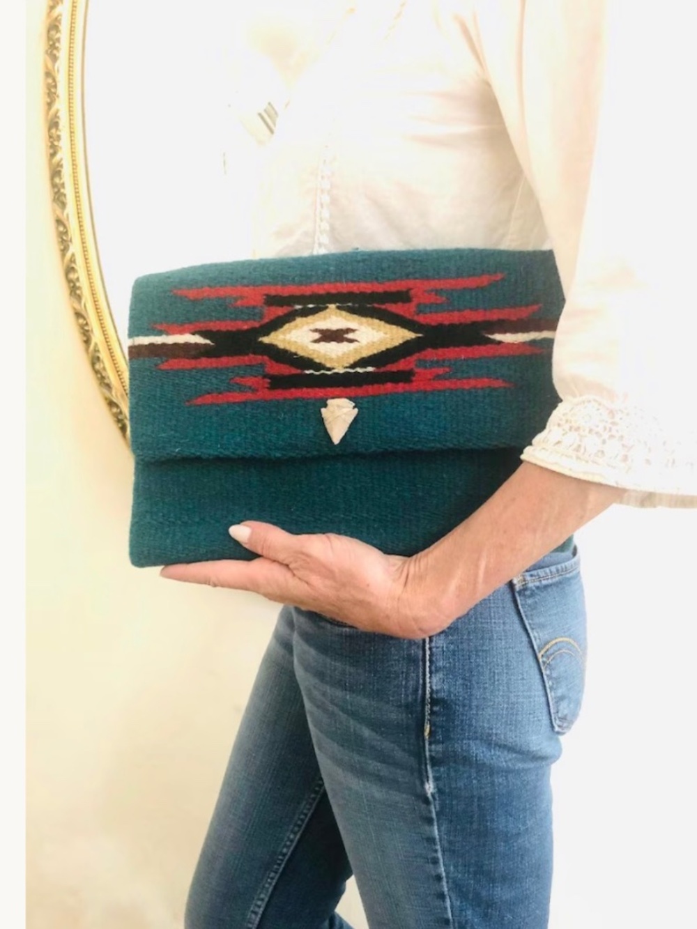 Turquoise wool Clutch purse, South western,Indian, Flint stone arrowhead